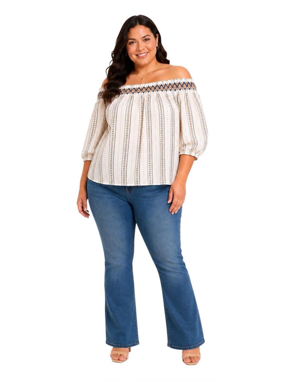J.O.A Off Shoulder Smocked Boho Blouse XXL Cream Stripe Peasant Top cottagecore